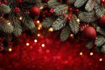 Obraz premium Christmas themed background with pine branches, red ornaments, and warm lights for festive scenes
