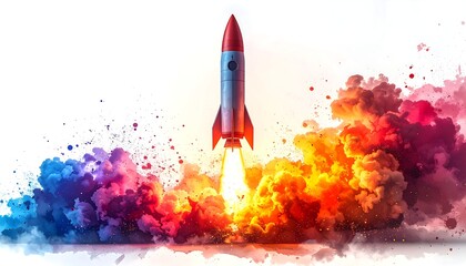 A rocket launching into the air with vibrant colorful smoke