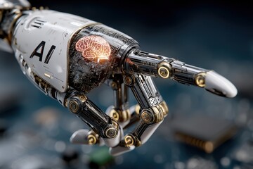 Futuristic AI robotic hand pointing with illuminated brain inside a glass capsule, high-tech concept art