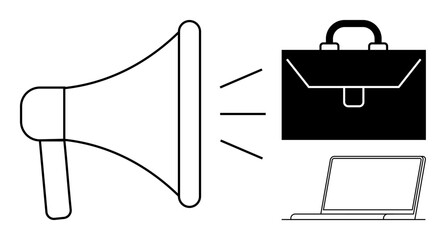 Digital marketing, corporate communication, advertising, business tools, branding, promotion strategy. A megaphone paired with a briefcase and laptop. Digital marketing and business tools focus