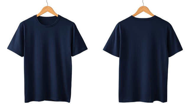 Navy blue t shirt front and back view hanging on hanger isolated on transparent background