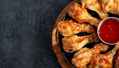 Baked chicken wings in asian style with sauces.