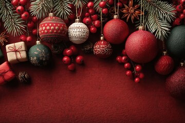 Obraz premium Festive red Christmas decorations with ornaments, pine branches, berries, and gifts on a rich red background