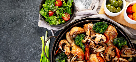 Family dinner. Roasted chicken with vegetables. Healthy eating.