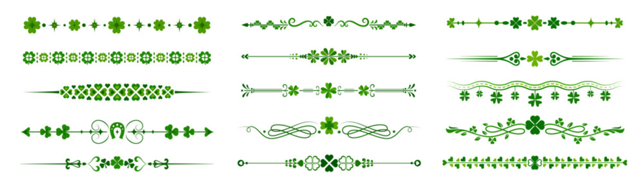 Green Irish shamrock clover divider borders. Vector set of st Patrick day trims with green shamrocks leaves, swirls and lucky horseshoe embellishments. Festive decor for greeting cards and invitations