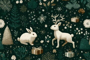 Naklejka premium Winter forest scene with white rabbit and reindeer pattern, gifts and snowflakes for festive decor