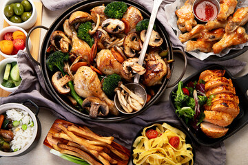 Family dinner. Roasted chicken with vegetables. Healthy eating.