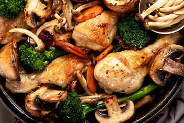 Family dinner. Roasted chicken with vegetables. Healthy eating.