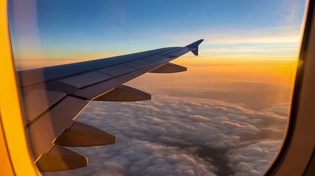 Airplane Wing with Grey Winglet Flying High Above Soft White Clouds Layer, Spectacular Aerial View from Passenger Cabin Window, Air Transportation and Global Tourism Marketing Concept Video