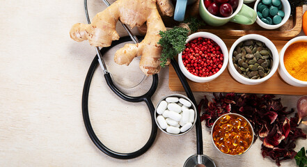 Assortment of herbal and tablets, vitamins and dietary supplements. Healthy life