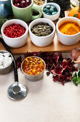 Assortment of herbal and tablets, vitamins and dietary supplements. Healthy life