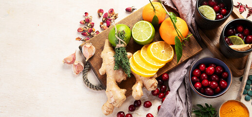 Pharmacy medicine. Natural immune boost remedies, lemon, garlic.