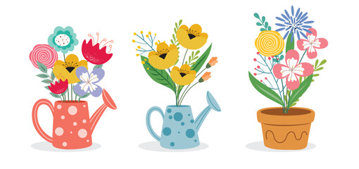 Obraz premium Flower bouquet watering can clipart set. Bunch of Spring Flowers in watering can and gardening pot clip art collection with colorful petals and leaves graphic elements vector illustration. 