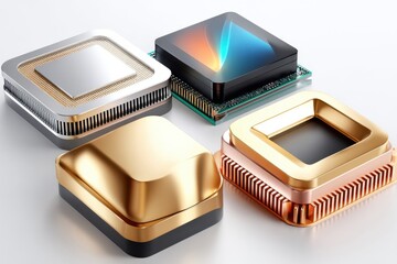 Three desktop processors with different finishes shown on sleek metal surfaces for high-tech hardware visuals