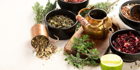 Herbal tea with medicinal herbs and flowers.
