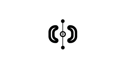 A monochrome illustration features a central line with circles and parentheses-like shapes on a white background