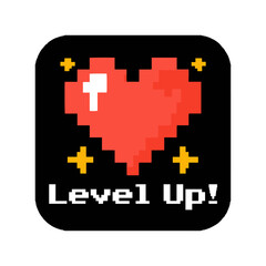 Fototapeta premium Pixel Art Red Heart with Level Up Text Retro Video Game Icon