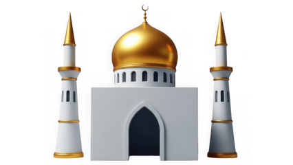 Illustration of a mosque with minarets and golden dome on transparent background