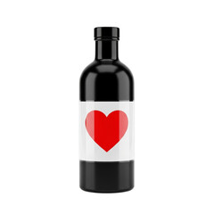 Black bottle with a bright red heart on a white label, symbolizing love and affection.