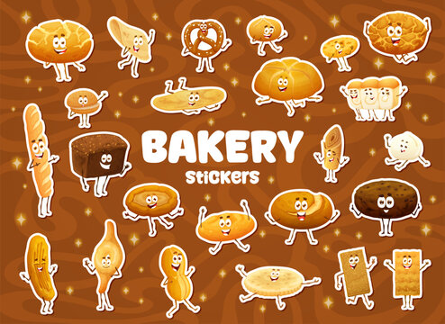 Cartoon bread and bakery characters stickers pack, vector pastry food. Loaves of french baguette, brioche bun and wheat toast, cereal grain flatbread and pretzel. Bakery bread and snack characters