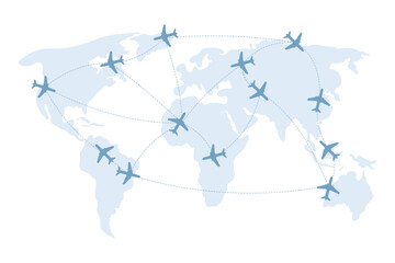 World travel map illustration with airplanes and global flight routes. International tourism, air transportation, and travel connection concept design. © FAHMI 