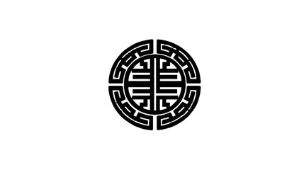 Black circular symbol with symmetric geometric patterns and a white background