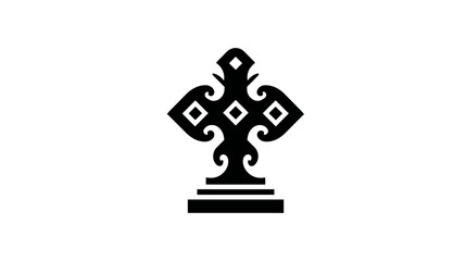 A black, ornate cross with diamond shapes in a symmetrical design on a white background