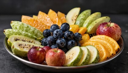 Vibrant fruit platter with fresh blueberries, apples, and citrus slices
