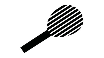 Black and white abstract illustration with a round shape containing diagonal stripes, connected to a handle