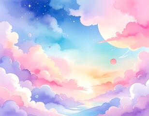A serene and dreamy pastel-colored sky with fluffy clouds at sunset