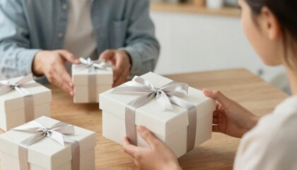 Couple exchanging gifts in modern home setting with white presents