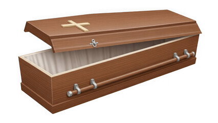 Brown wooden coffin with gold cross on lid isolated on transparent background