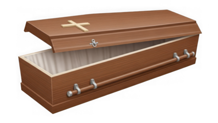 Brown wooden coffin with gold cross on lid isolated on transparent background