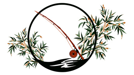 A fishing rod illustration, surrounded by bamboo branches within a circle, over a stylized river