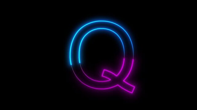 Glowing neon English capital letter Q animation on a black background. Modern neon typography perfect for logo reveals, titles, intros, education, branding, motion graphics, and futuristic designs.