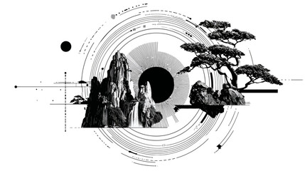 A monochrome illustration features mountains, trees, and geometric elements