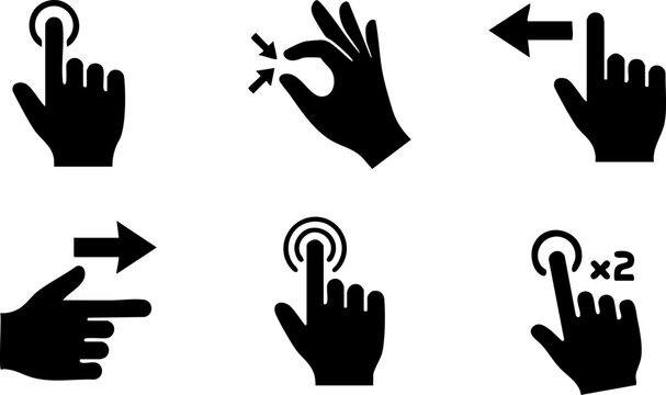 Touchscreen hand gesture icon set including tap pinch swipe and long press Pure black silhouettes isolated on white background