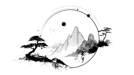 Elegant illustration of mountains, trees, and circles, in a minimalist black and white ink style