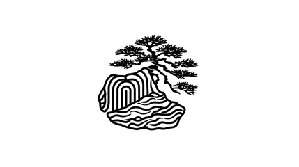Black and white illustration of a pine tree growing on layered rocks, minimalist and artistic
