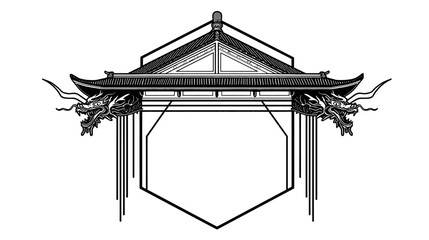 Black and white illustration of a building with dragon heads and geometric shapes