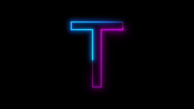 Glowing neon English capital letter T animation on a black background. Modern neon typography perfect for logo reveals, titles, intros, education, branding, motion graphics, and futuristic designs.
