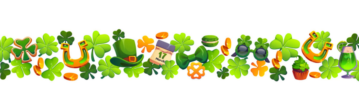Happy St Patrick's day holiday border. Spring celebration vector divider, Ireland festive frame border. Irish party underline spacer with shamrock clovers, leprechaun hat, golden horseshoe and coins