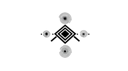 Abstract black and white graphic with concentric circles, diamonds, and linear elements on white background