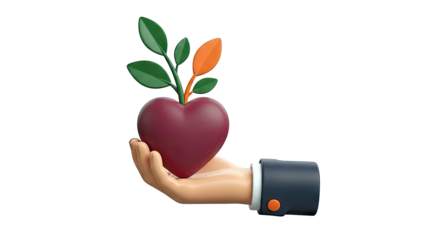 Hand holding a heart with growing leaves