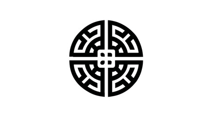 A symmetrical geometric design, black lines form a circular pattern on a white background