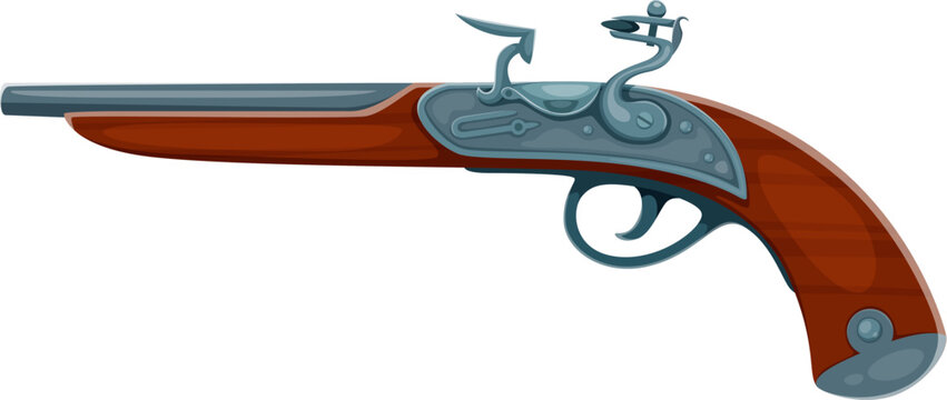 Cartoon corsair pirate old flintlock pistol weapon. Corsair skipper antique vector firearm, pirate bandit medieval gunpowder weapon. Buccaneer captain 18th century gun or sailor flintlock pistol