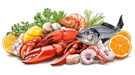 68.A detailed, high-quality vector illustration showing an array of fresh seafood items including fish, lobster, crab, and shrimp, isolated on a white background. The illustration emphasizes the rich