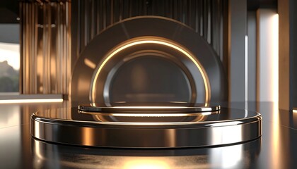 Metallic stage with illuminated arch, reflective surfaces, and soft lighting