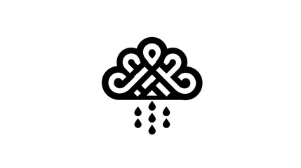 A black and white illustration of a stylized cloud with rain drops, on a white background