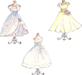 マネキンが着た様々なデザインのドレスのイラスト　ベクター